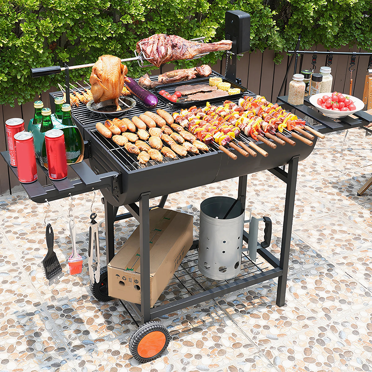 TitanBarrel 871 - Large Portable Charcoal Grill with Side Tables