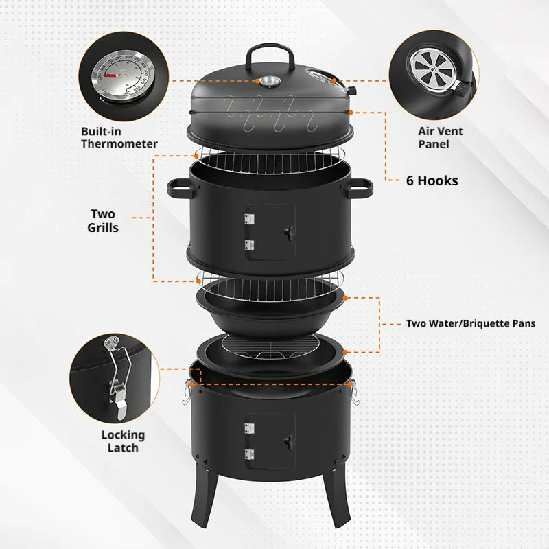 ApexSmoke 3-Tier Vertical Charcoal Smoker & Portable BBQ Grill