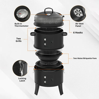 ApexSmoke 3-Tier Vertical Charcoal Smoker & Portable BBQ Grill