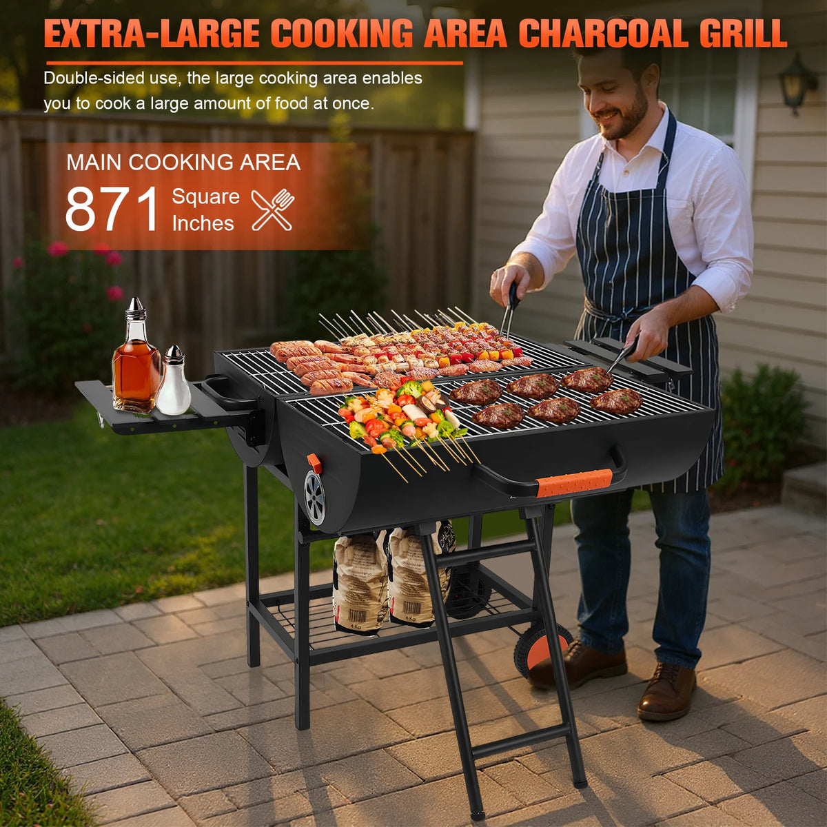 TitanBarrel 871 - Large Portable Charcoal Grill with Side Tables